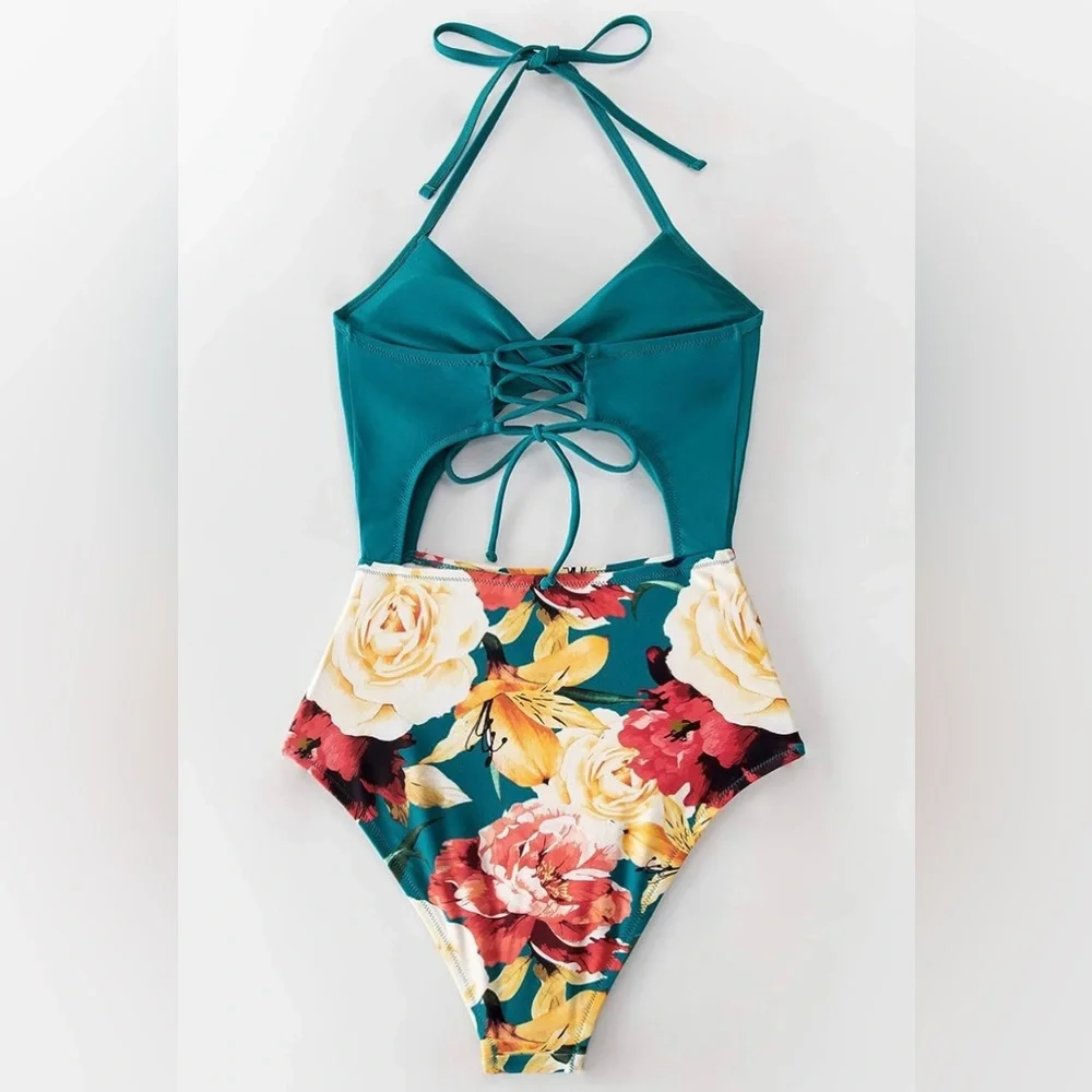 CUPSHE One Piece Swimsuit Twist Cutout Front Crisscross Lace Up Back Sz S - Picture 2 of 5